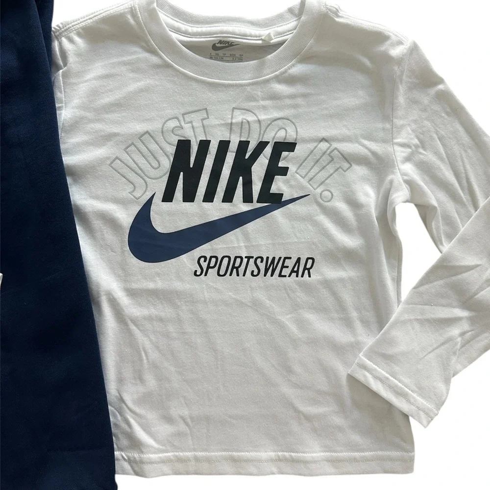 Nike White Long Sleeve Logo T-Shirt & Blue Jogger Pants Set Boys Size 4 NWT